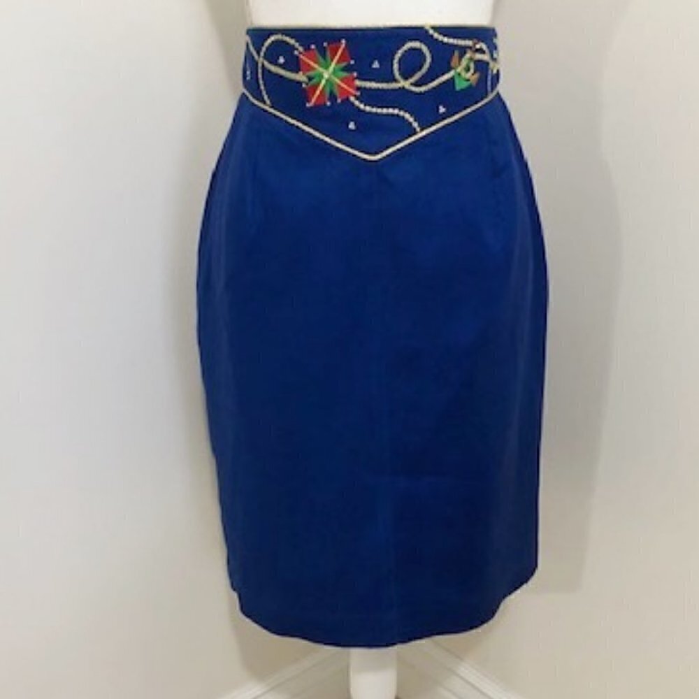 𝅺CACHE Vintage Blue Linen Pencil Skirt w/ Gold Nautical Embroidery
